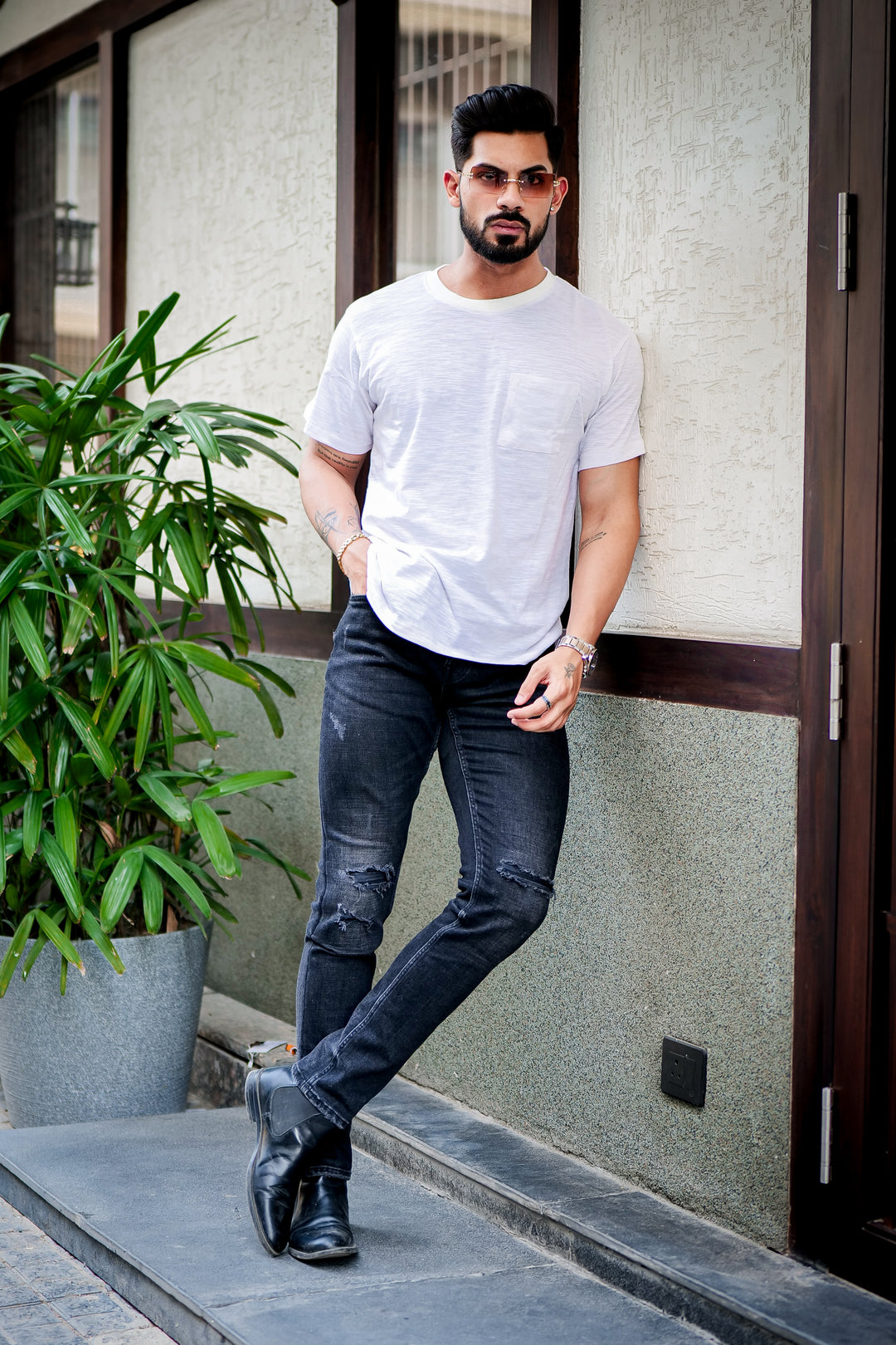 White Self Design Cotton Slub T-Shirt