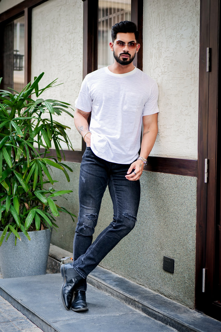White Self Design Cotton Slub T-Shirt