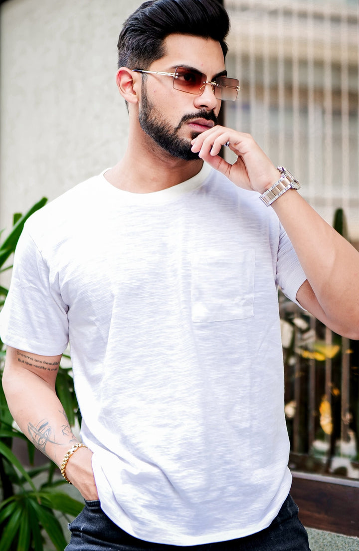 White Self Design Cotton Slub T-Shirt