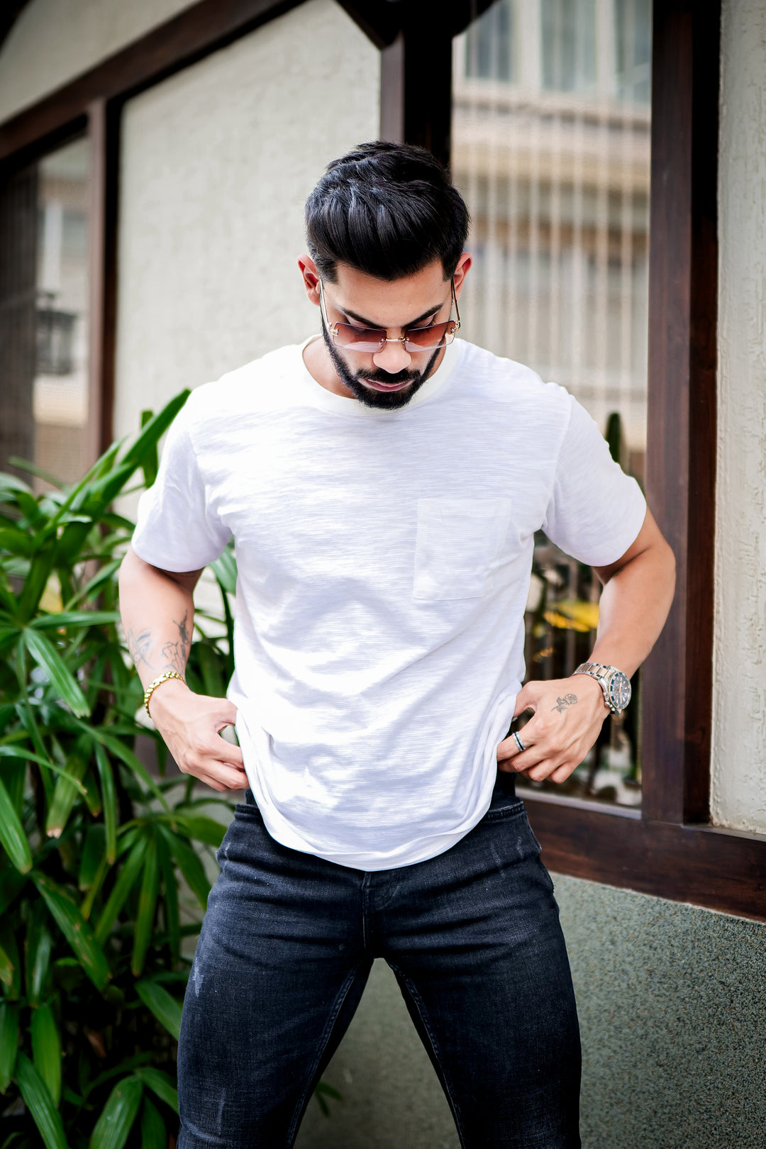 White Self Design Cotton Slub T-Shirt