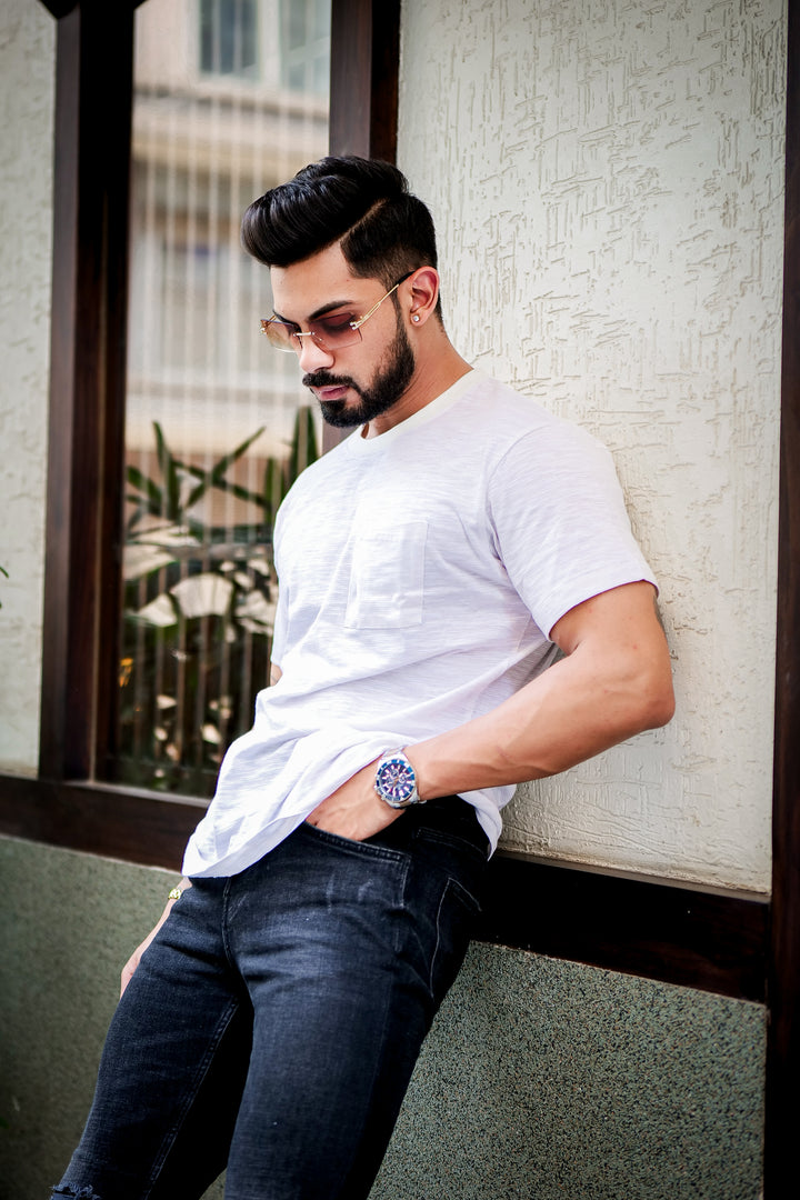 White Self Design Cotton Slub T-Shirt