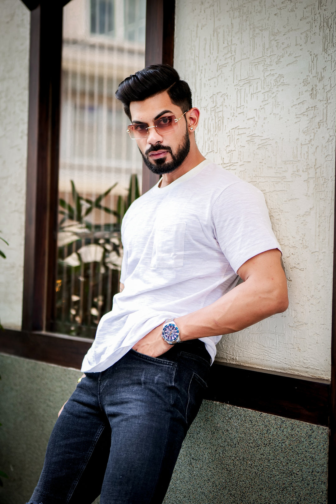 White Self Design Cotton Slub T-Shirt