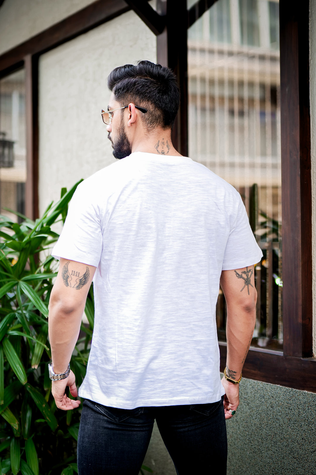 White Self Design Cotton Slub T-Shirt