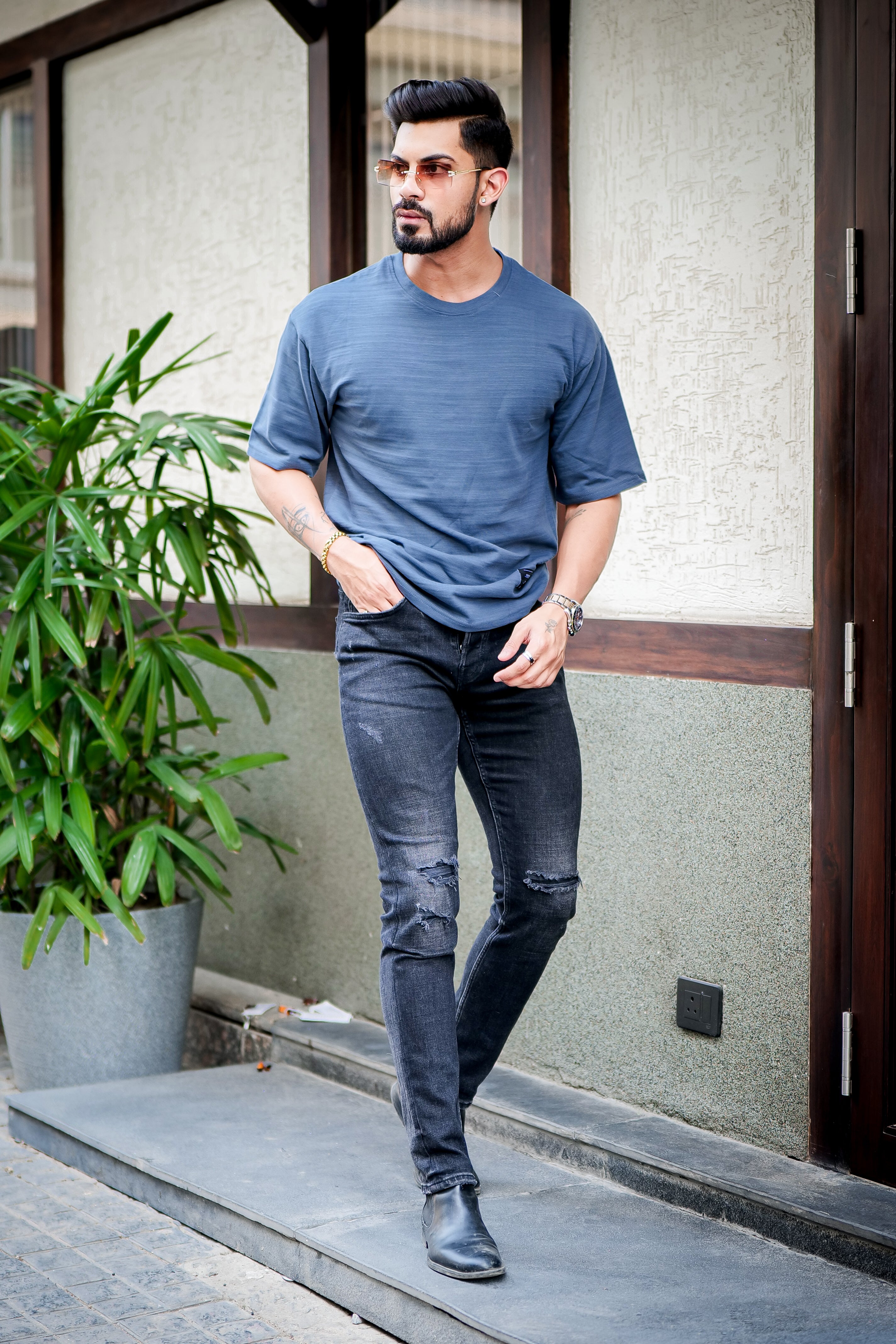Blue Oversized Self Design Slub T-Shirt