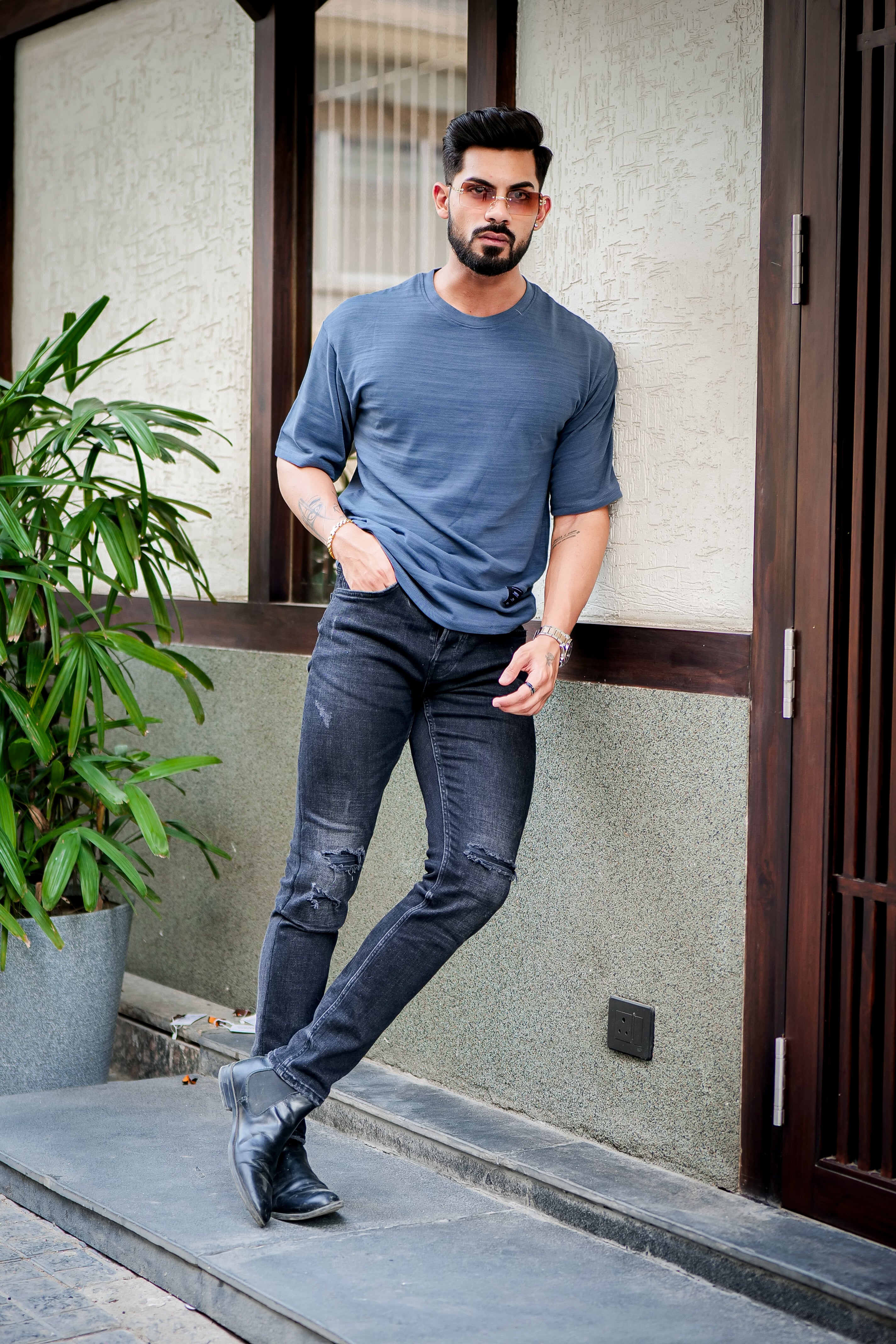 Blue Oversized Self Design Slub T-Shirt