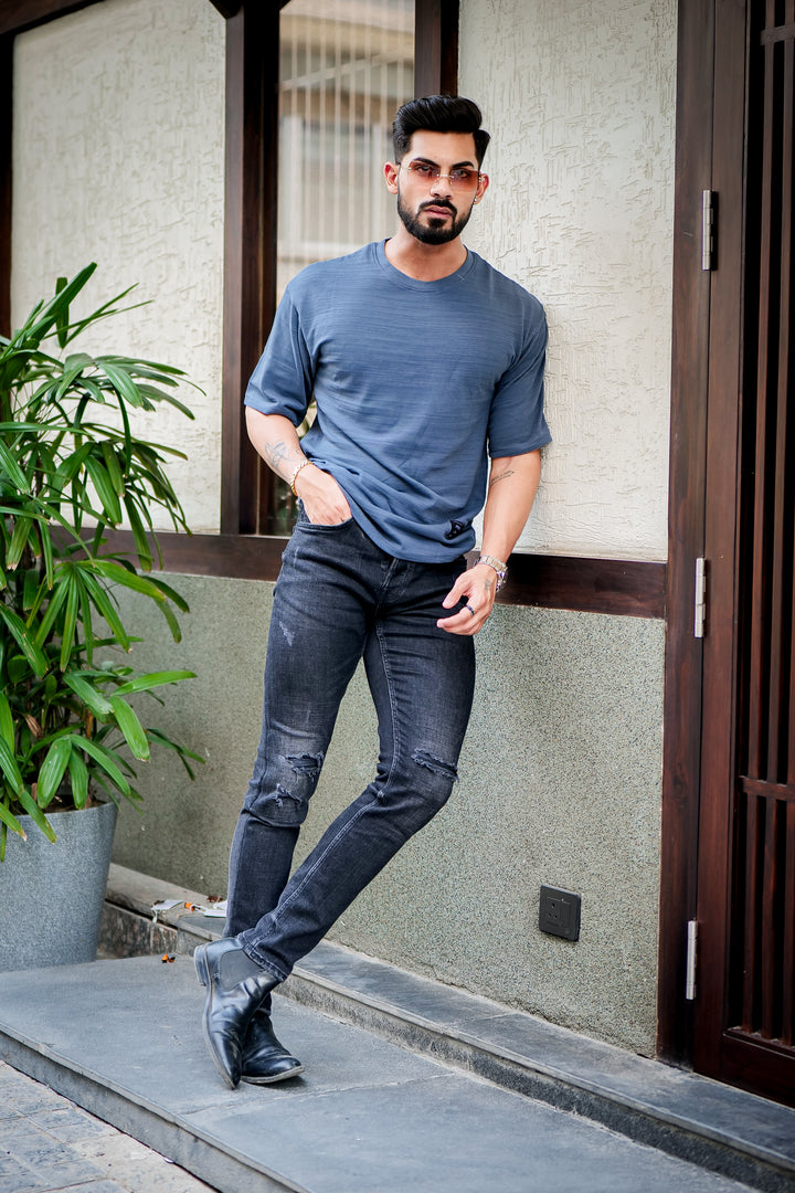 Blue Oversized Self Design Slub T-Shirt