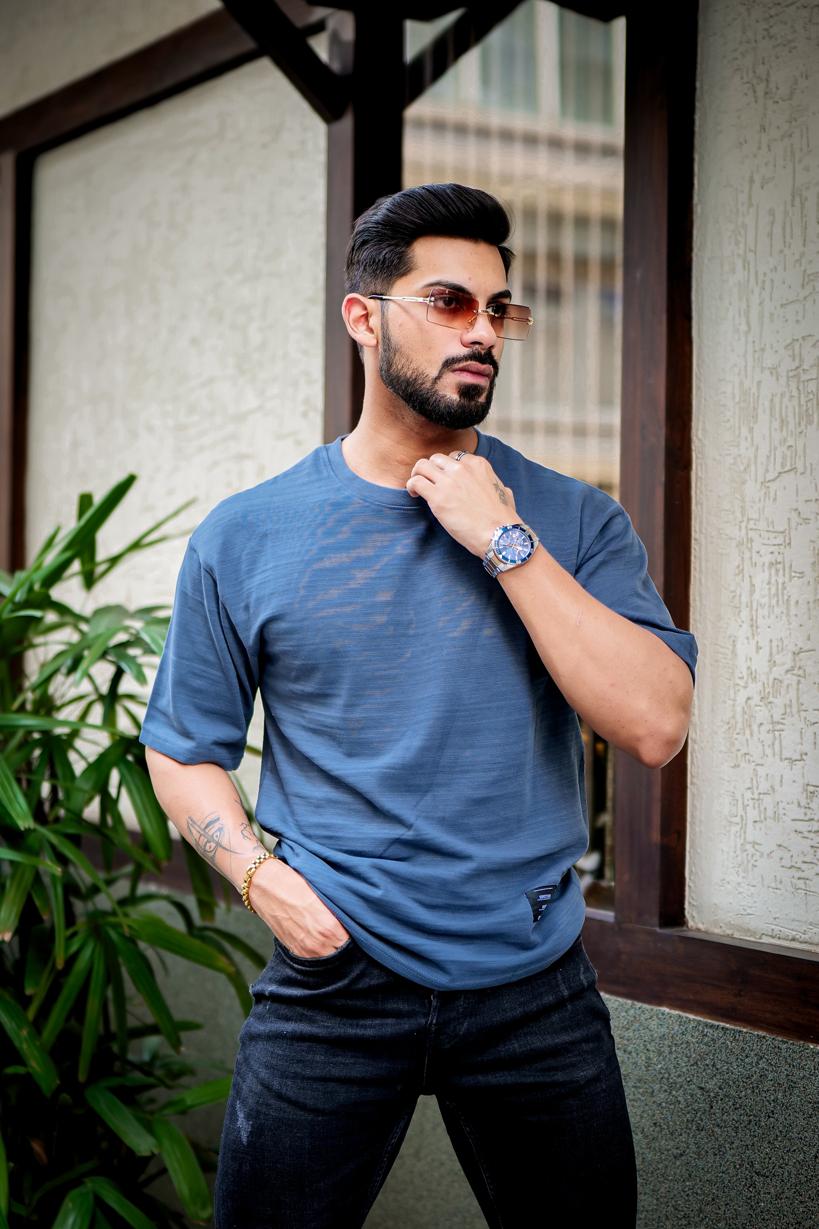 Blue Oversized Self Design Slub T-Shirt