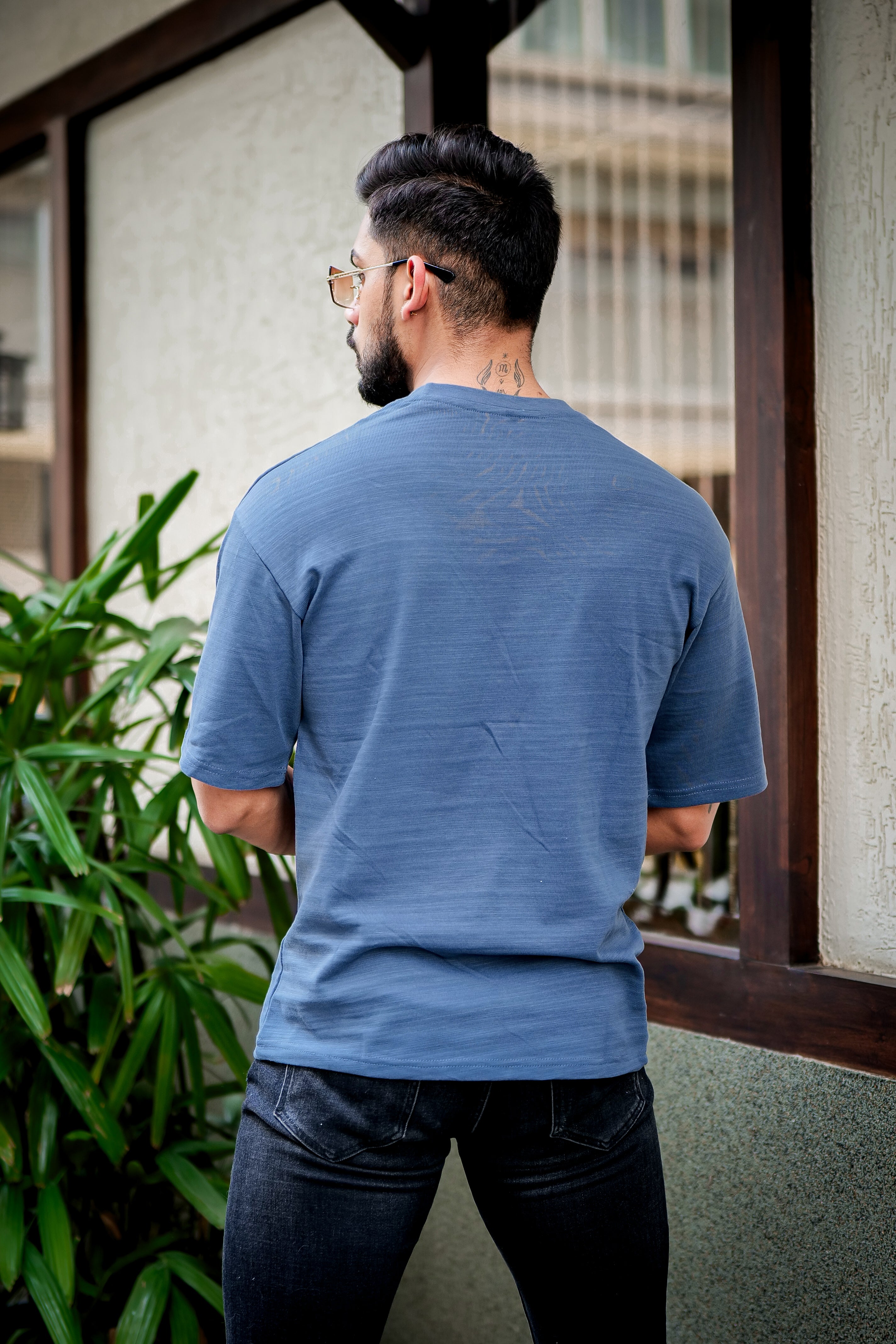 Blue Oversized Self Design Slub T-Shirt