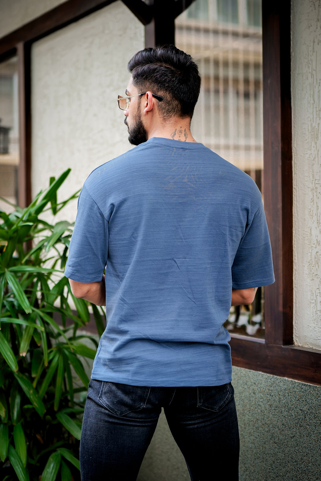 Blue Oversized Self Design Slub T-Shirt