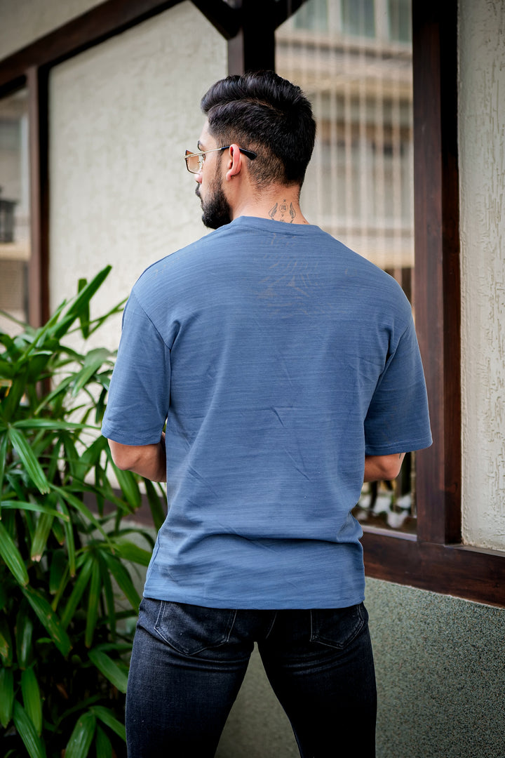 Blue Oversized Self Design Slub T-Shirt