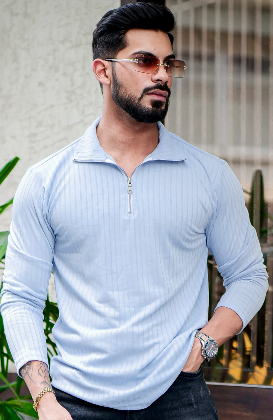 Sky Blue Self Design T-Shirt
