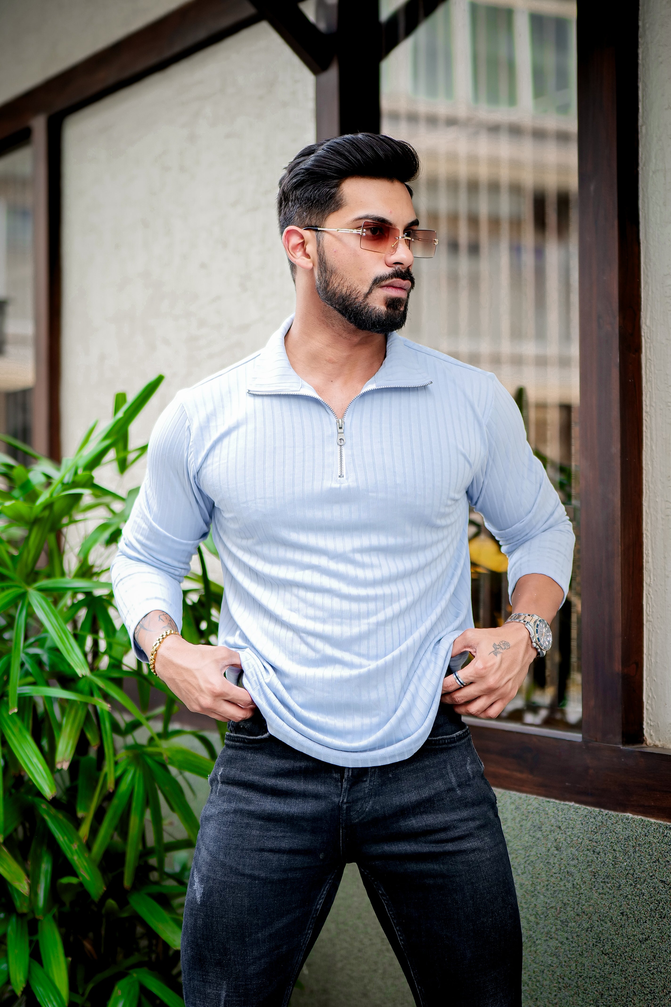 Sky Blue Self Design T-Shirt