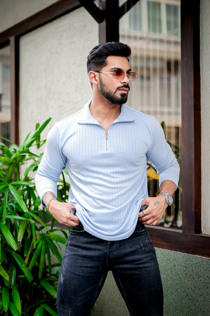 Sky Blue Self Design T-Shirt