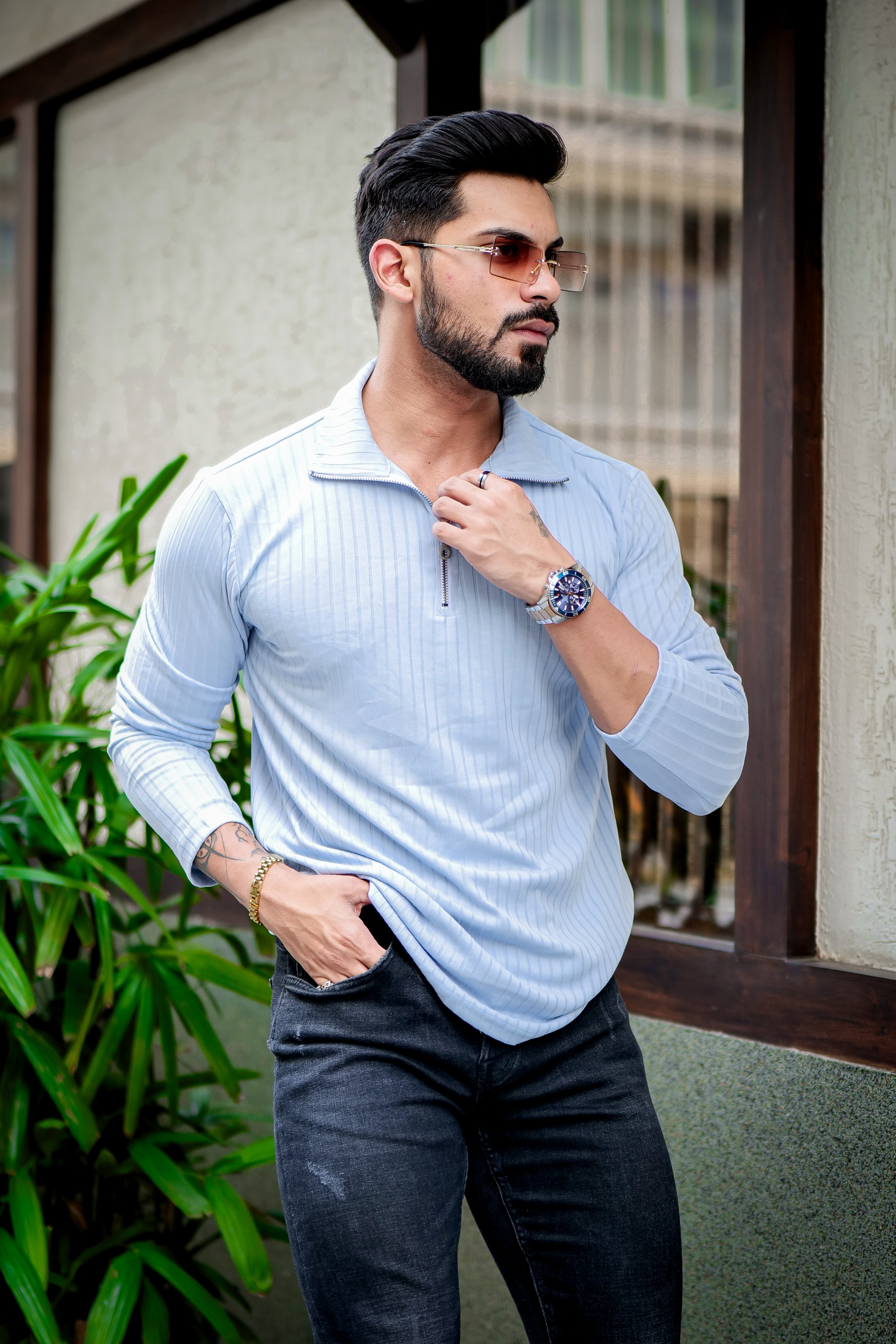 Sky Blue Self Design T-Shirt
