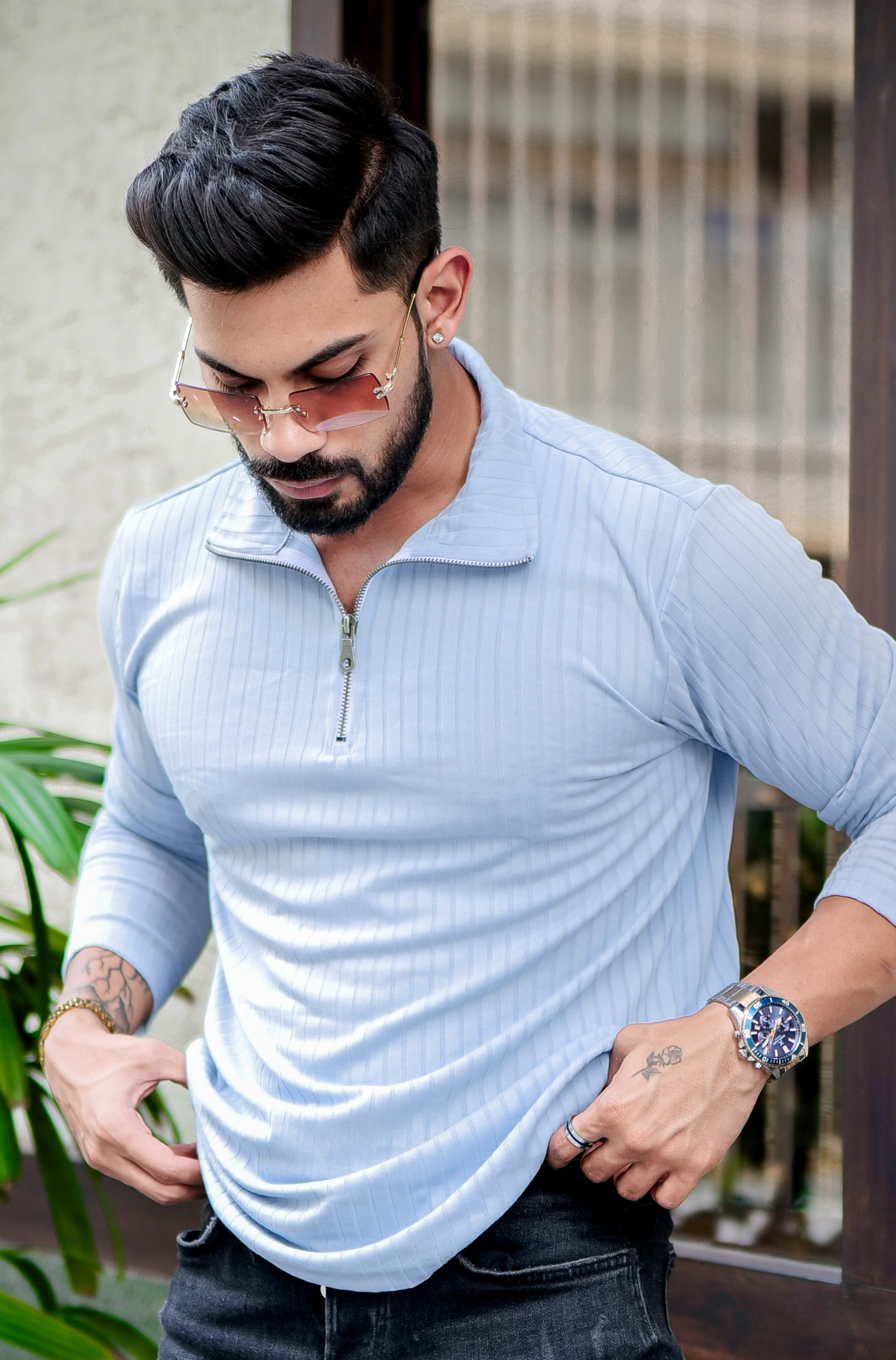 Sky Blue Self Design T-Shirt