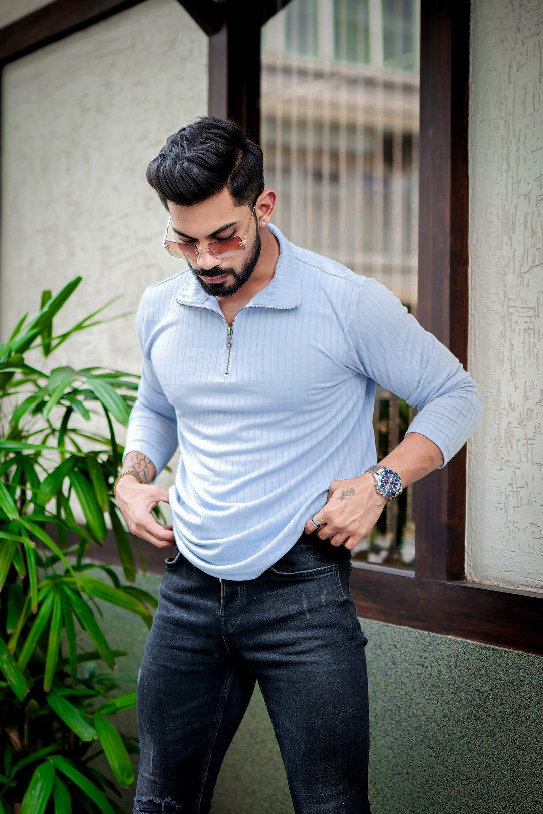 Sky Blue Self Design T-Shirt