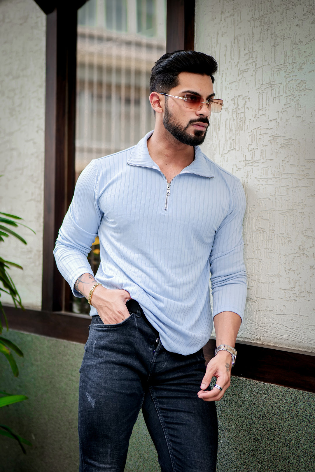 Sky Blue Self Design T-Shirt