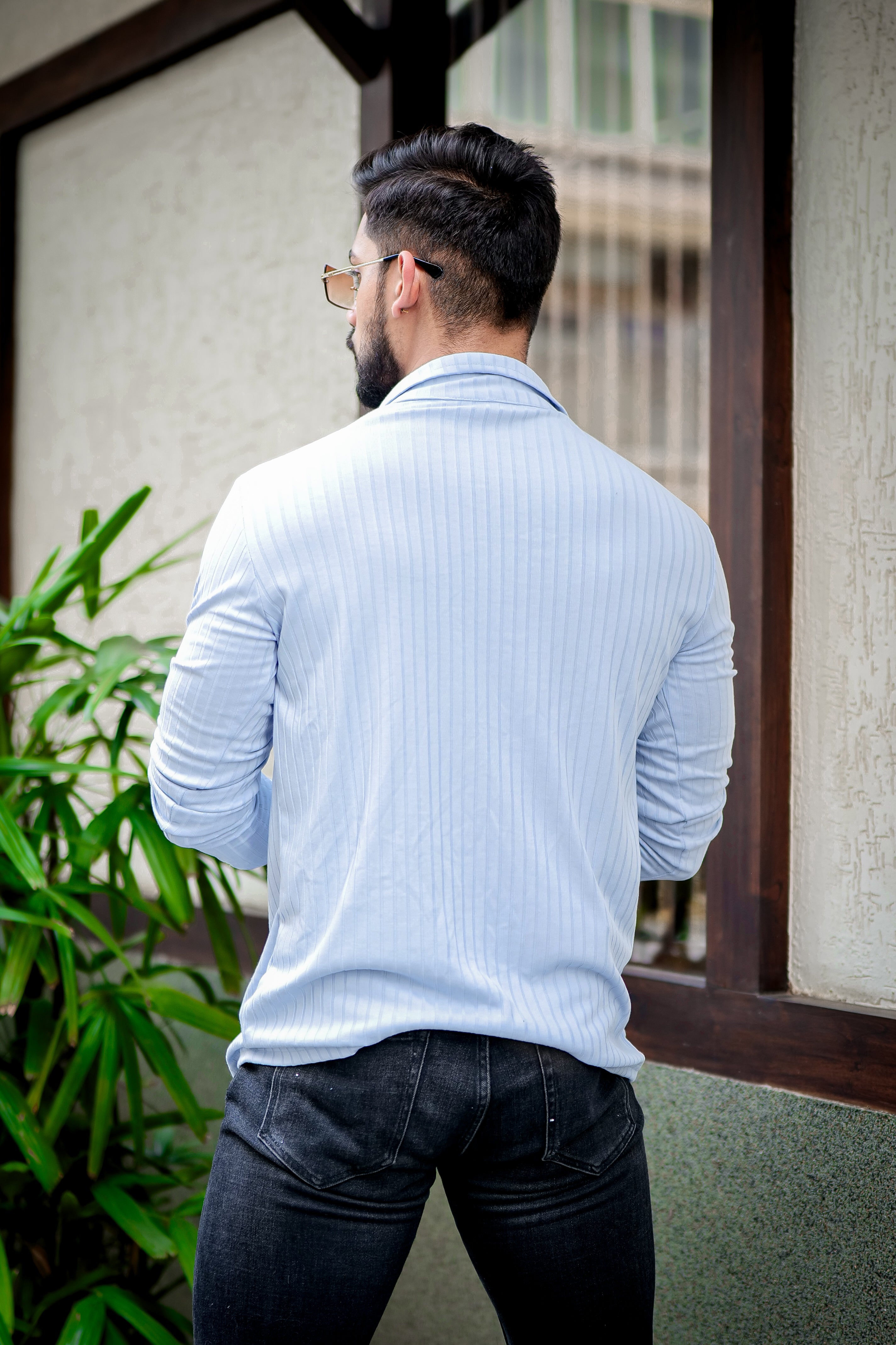 Sky Blue Self Design T-Shirt
