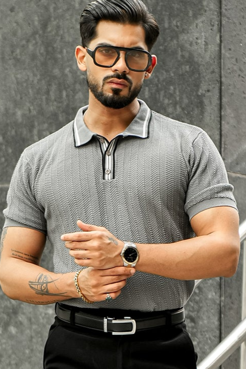Grey Premium Flat knit Polo T-shirt