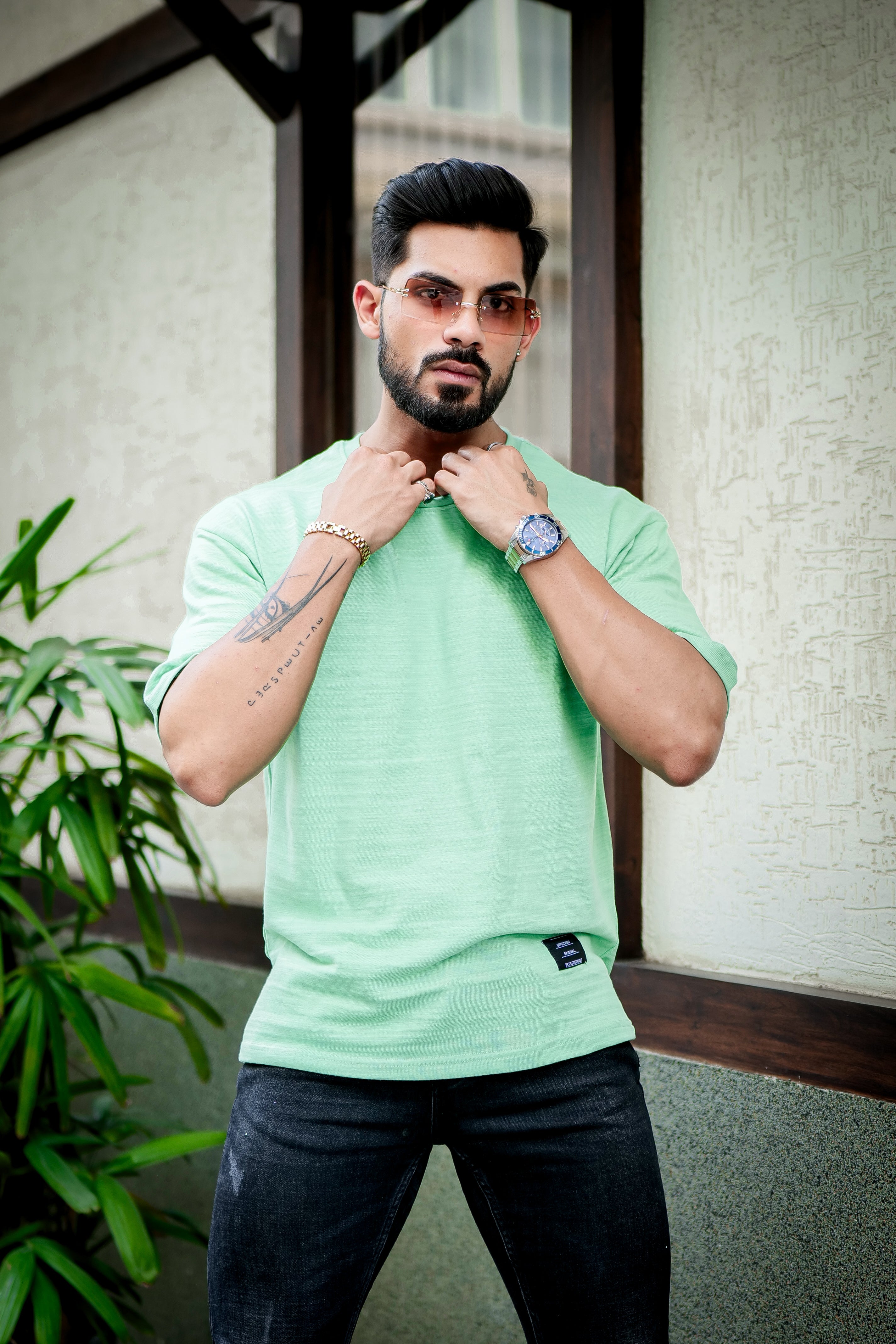 Green Oversized Self Design Slub T-Shirt