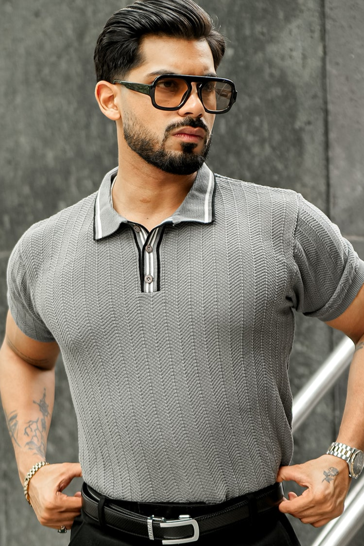 Grey Premium Flat knit Polo T-shirt
