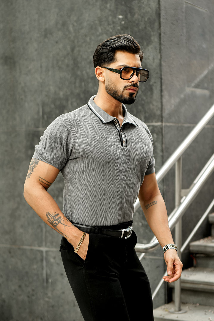 Grey Premium Flat knit Polo T-shirt