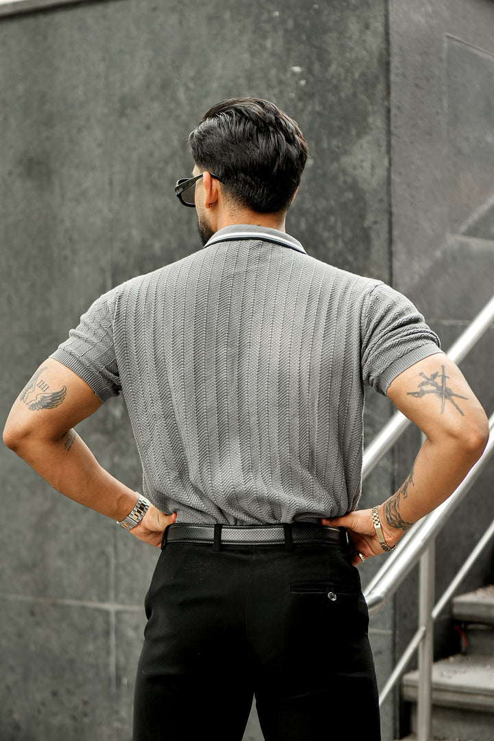 Grey Premium Flat knit Polo T-shirt