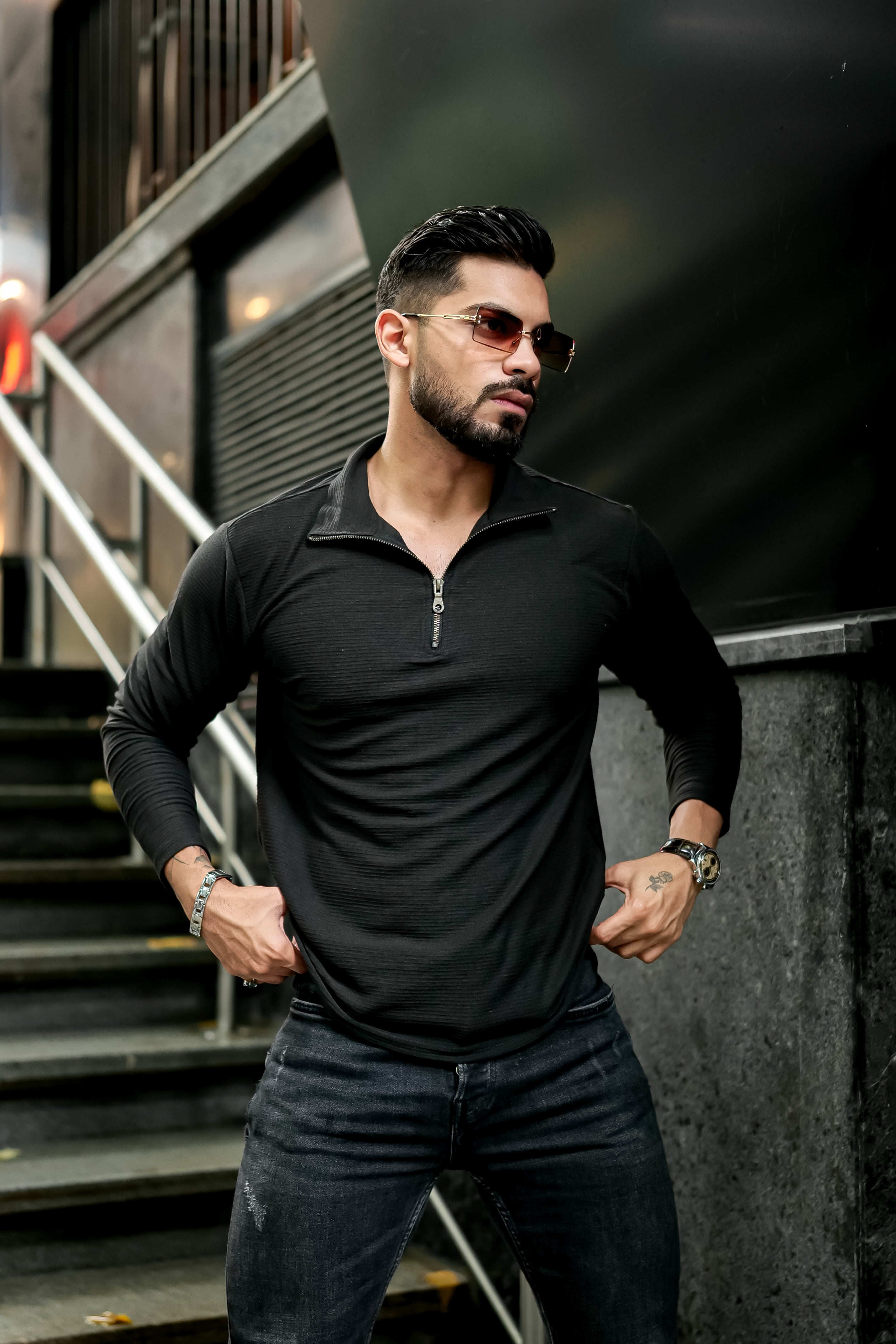 Black Self Design Zipper T-Shirt