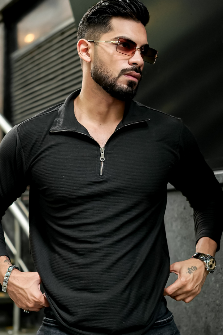 Black Self Design Zipper T-Shirt