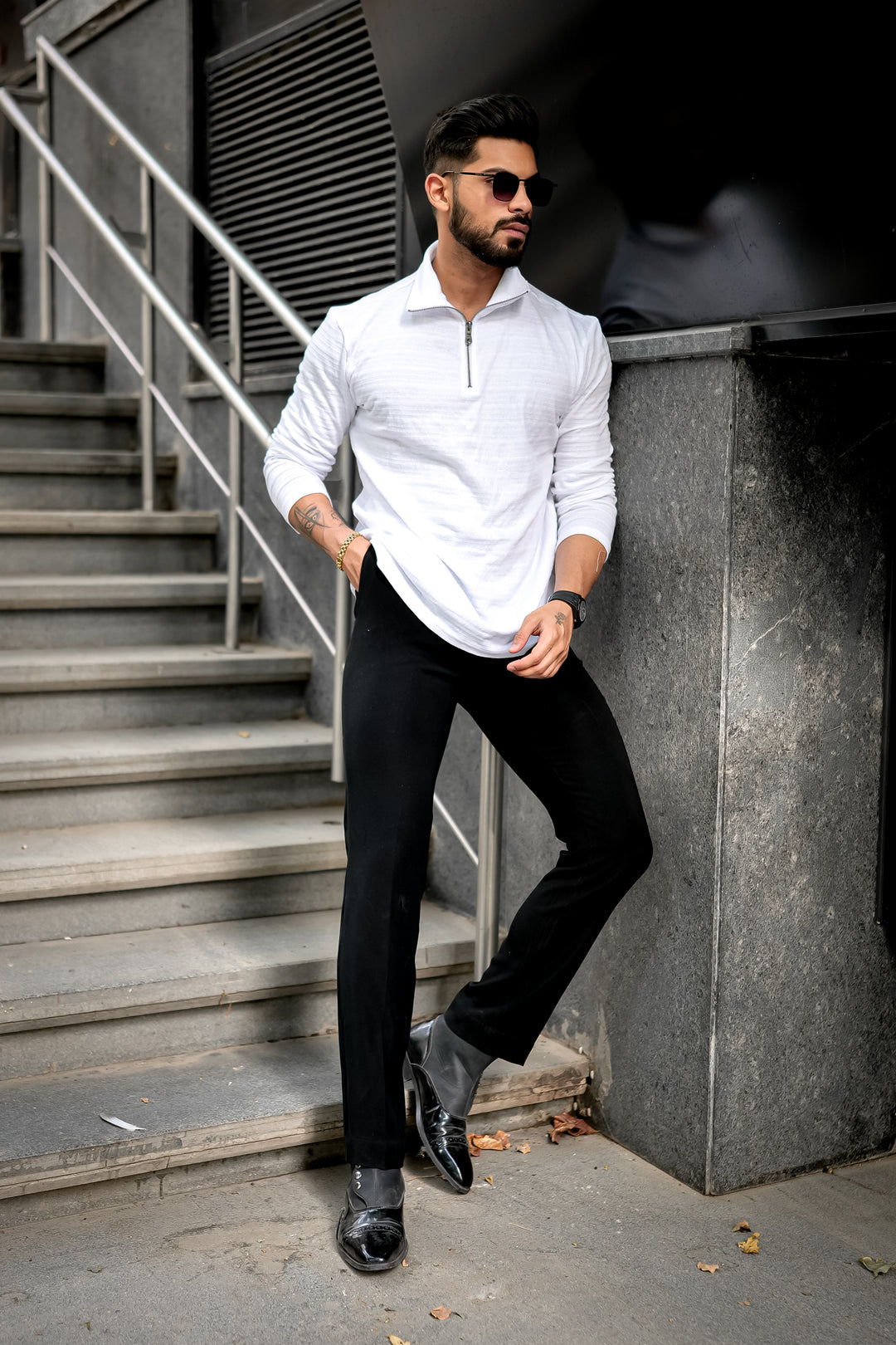 White Self Design Zipper T-Shirt
