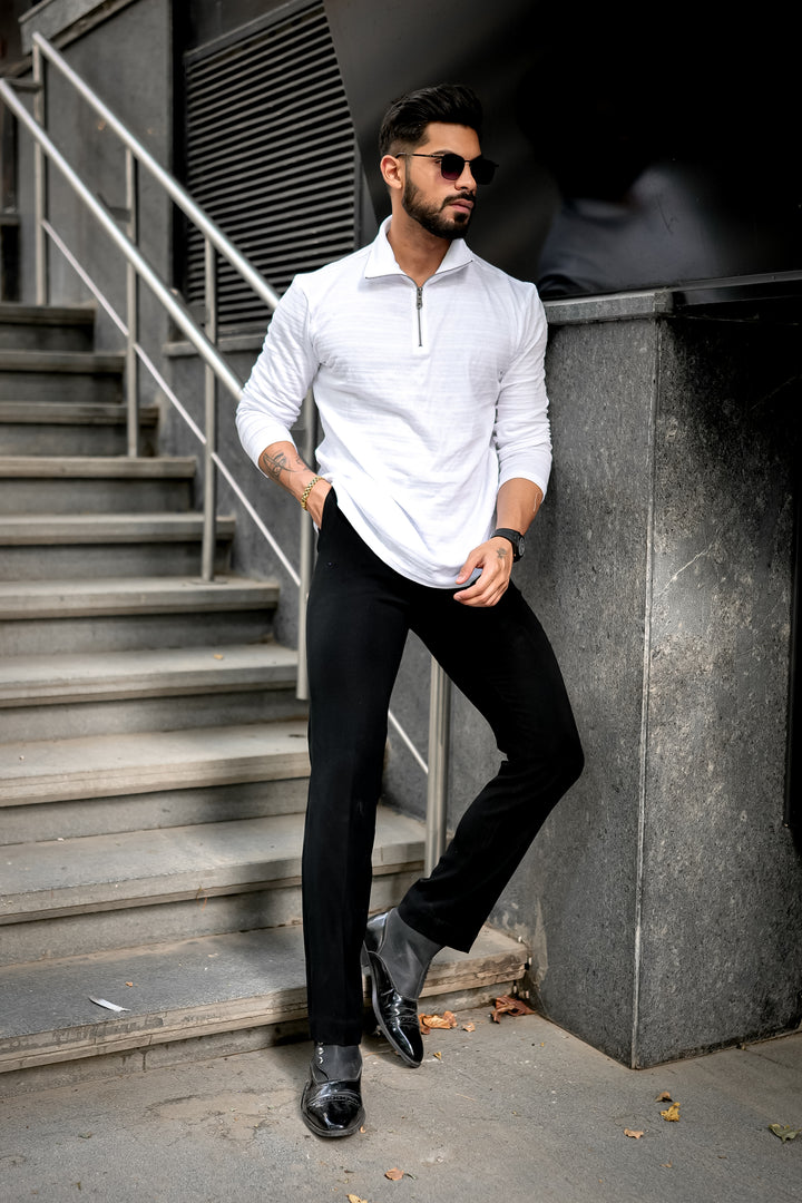 White Self Design Zipper T-Shirt