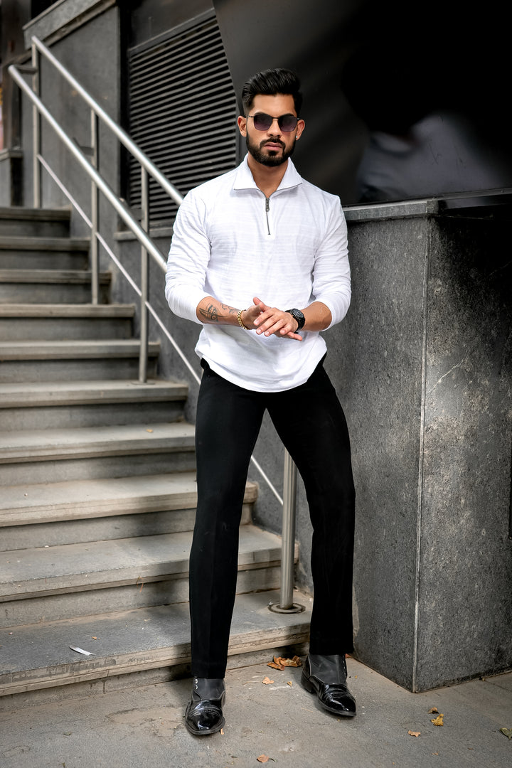 White Self Design Zipper T-Shirt