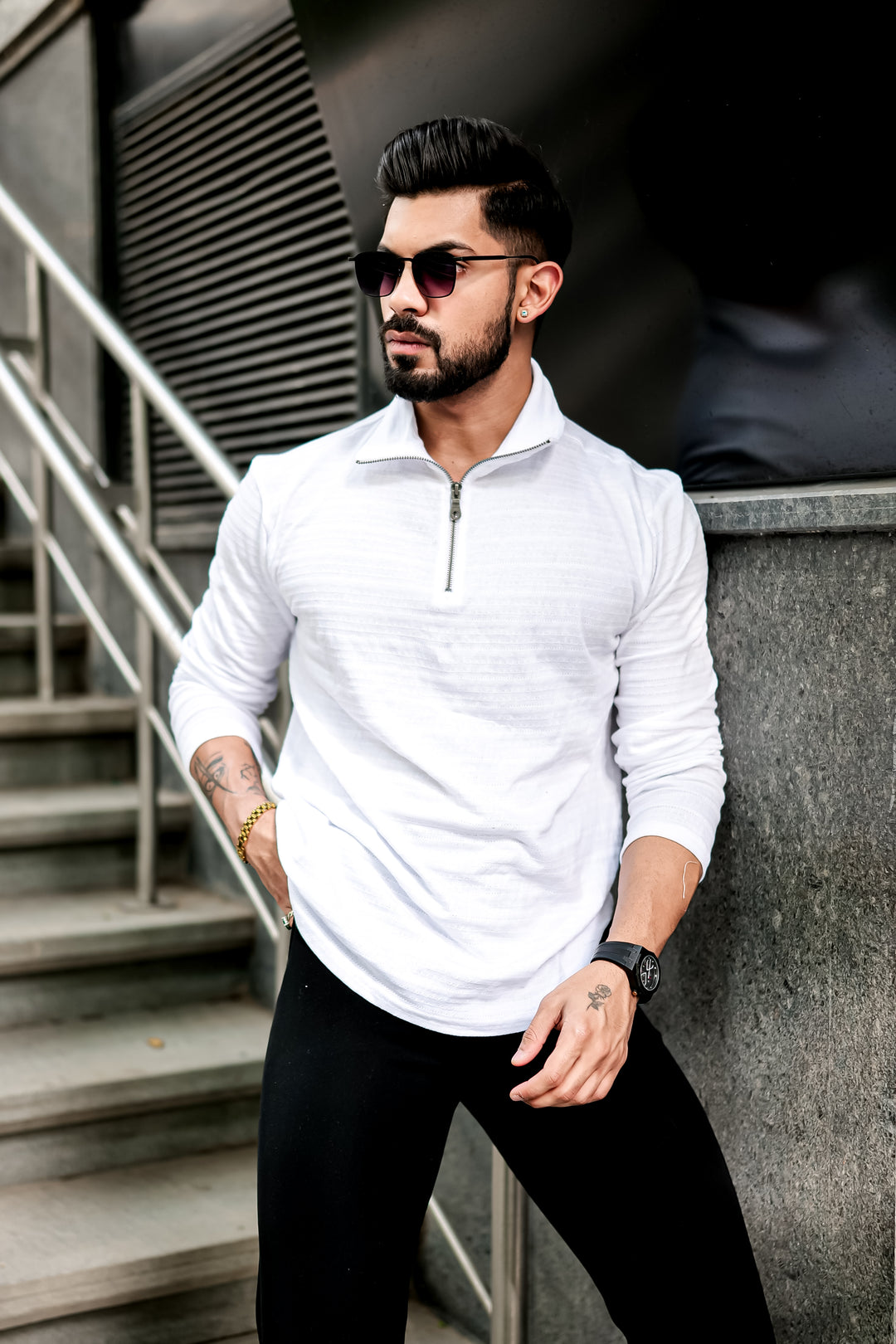 White Self Design Zipper T-Shirt