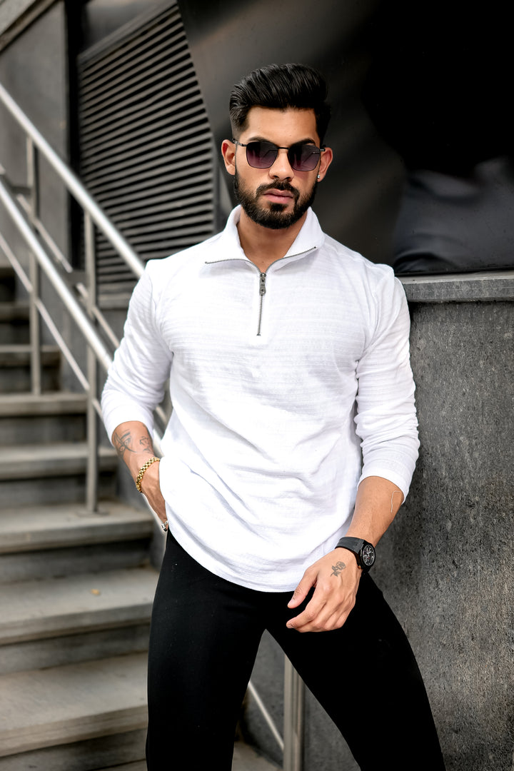 White Self Design Zipper T-Shirt