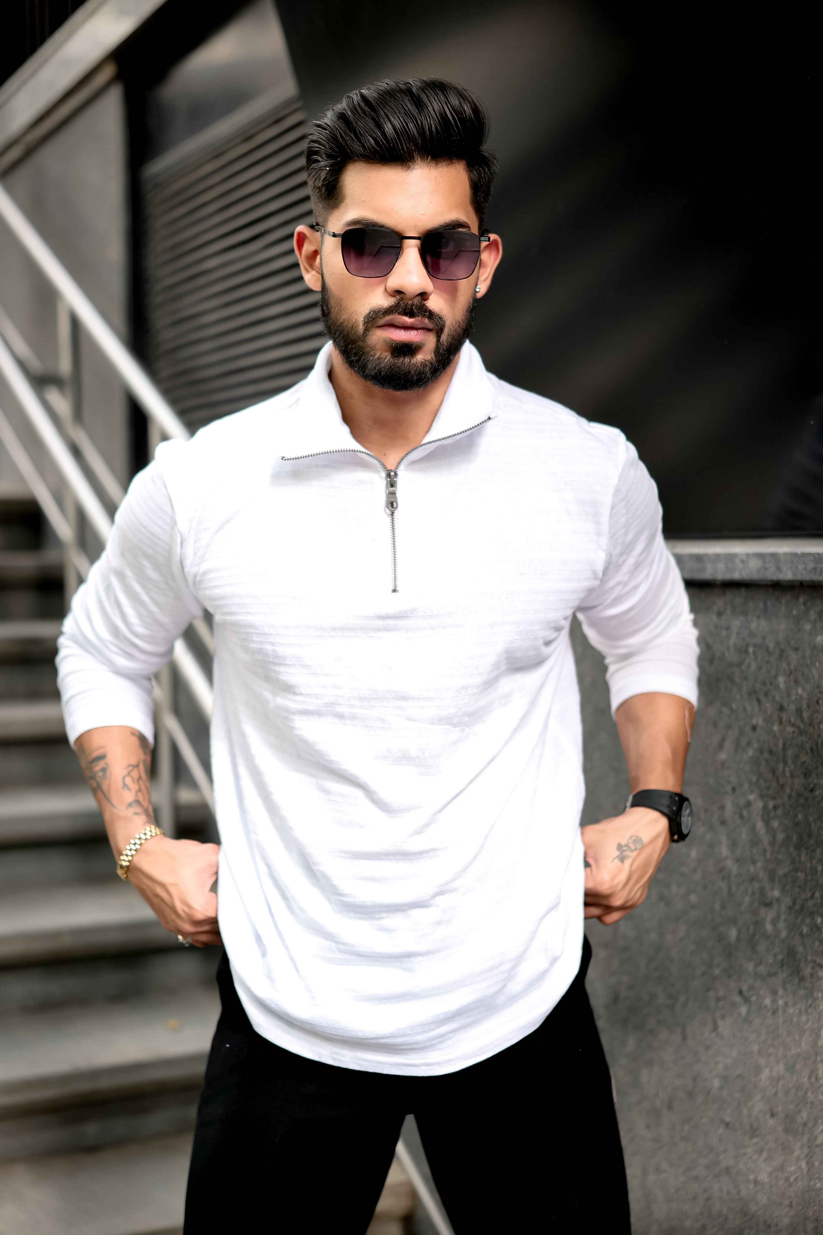 White Self Design Zipper T-Shirt