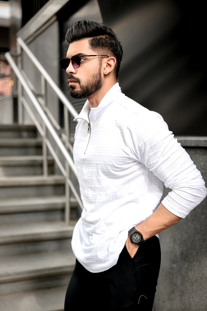 White Self Design Zipper T-Shirt