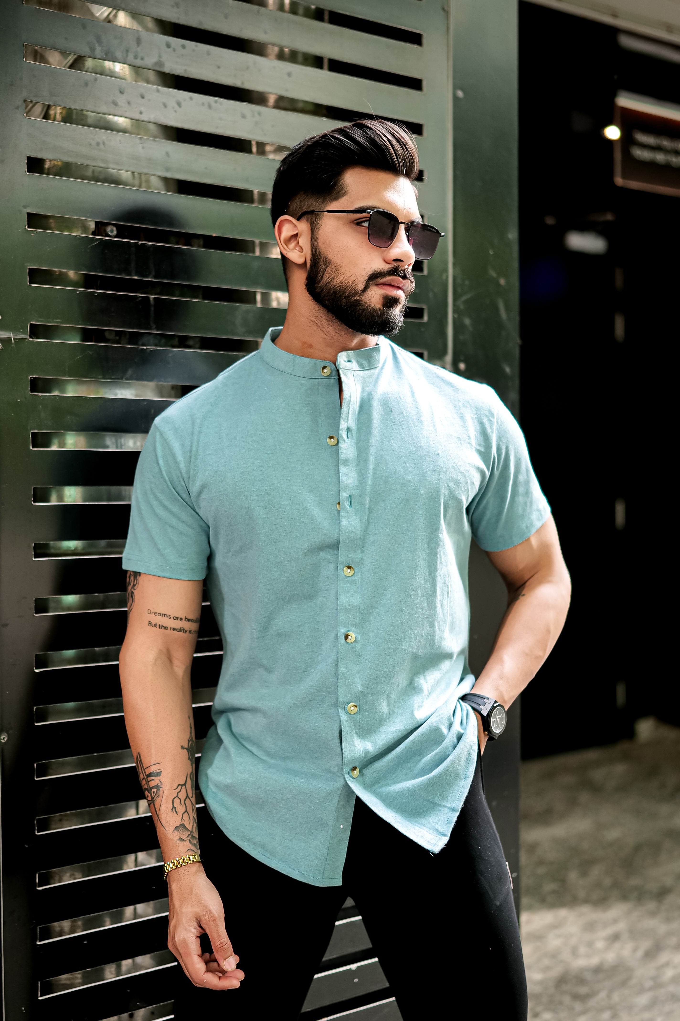 Light Green Knitted Mandarin Collar Shirt