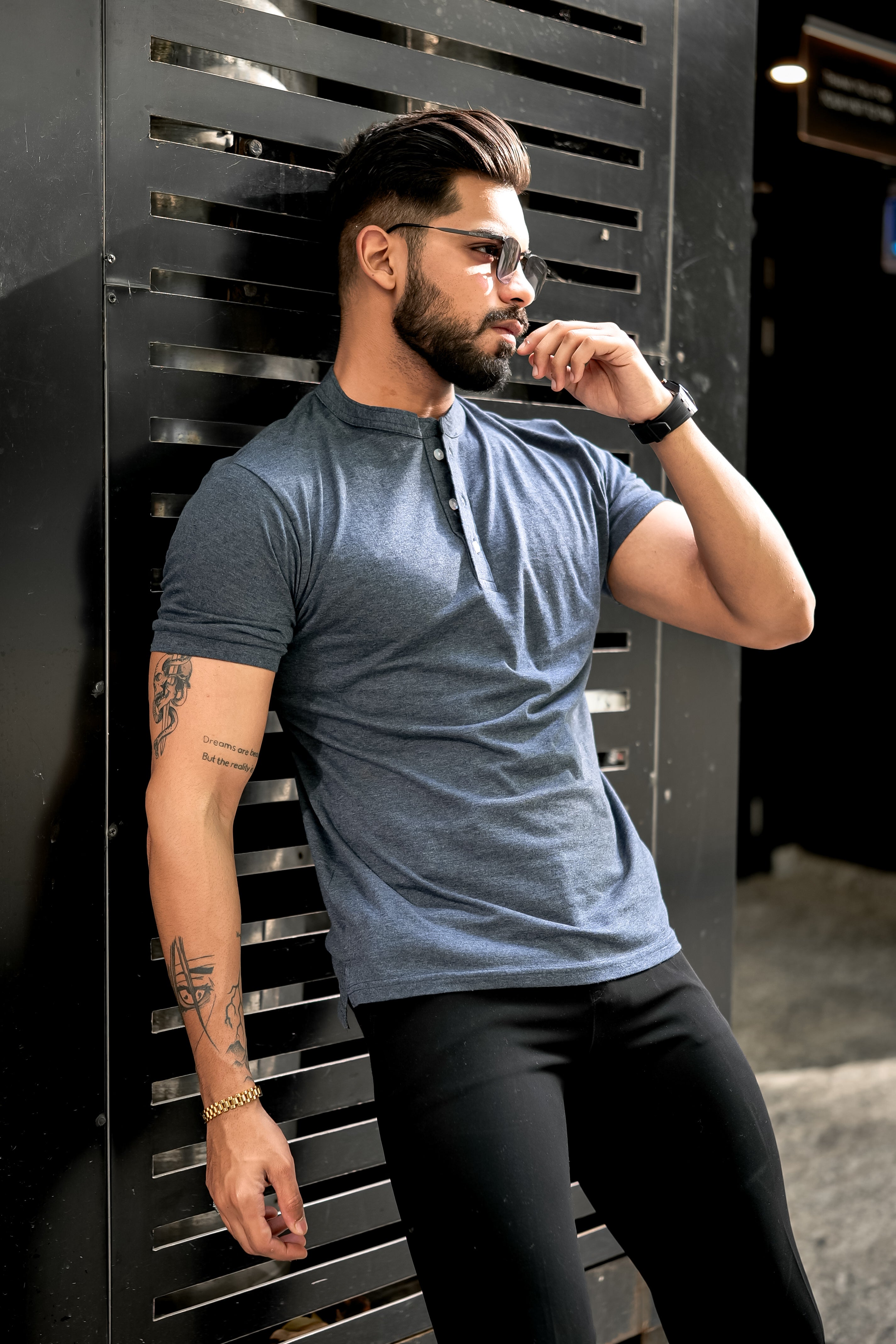 Dark Grey Self Design Henley T-Shirt