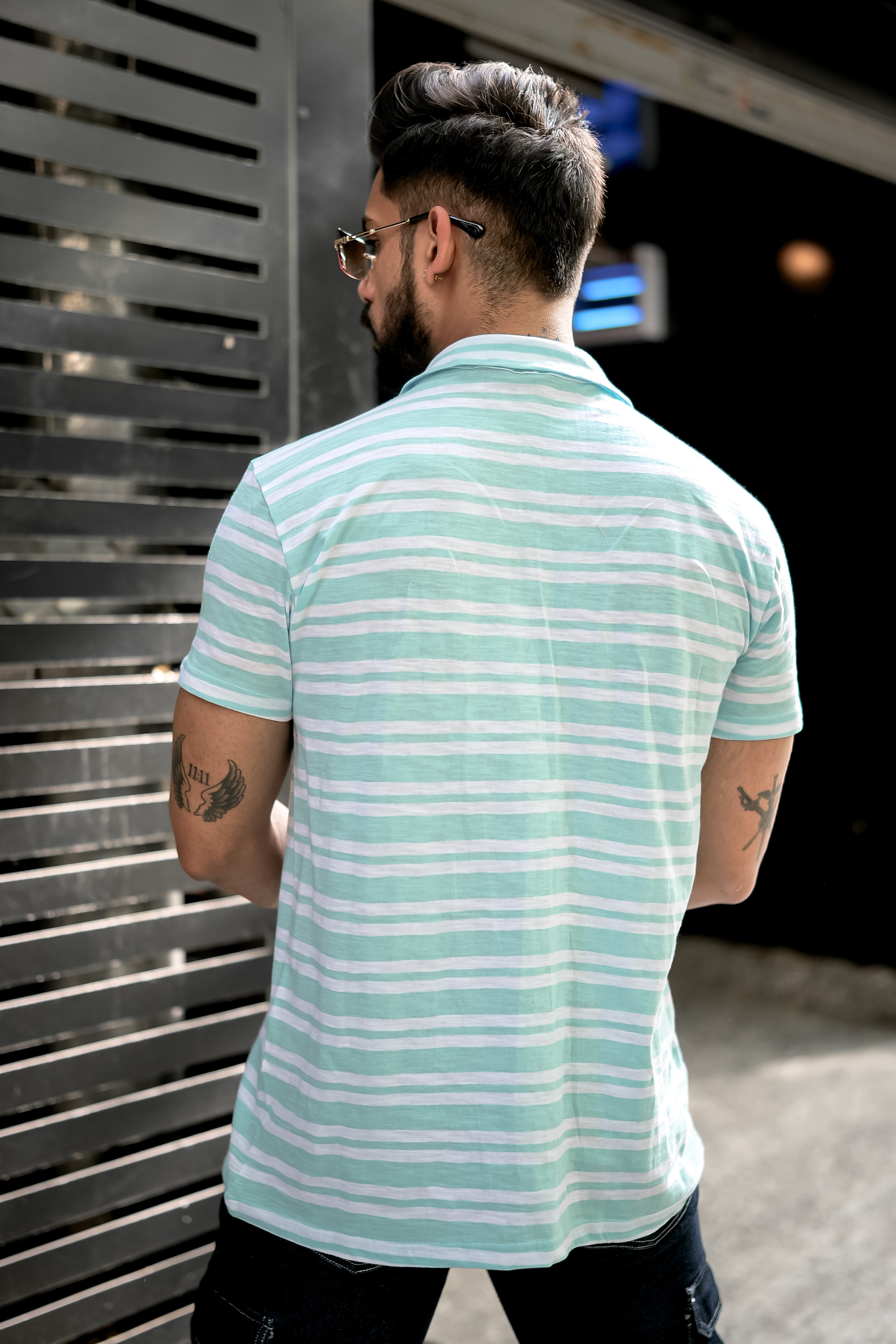 Light Blue Stripes Zipper Closure T-Shirt