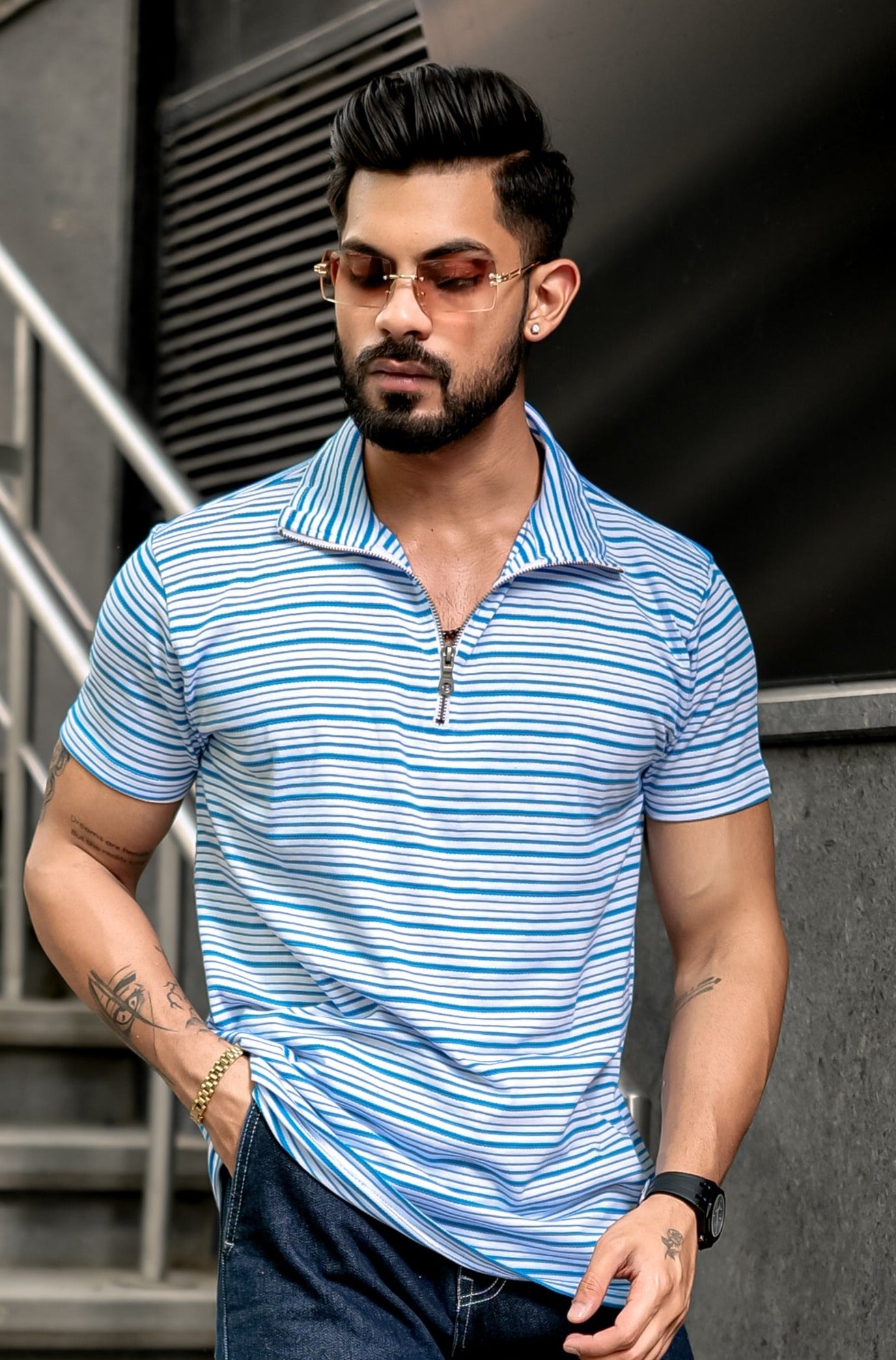 White Blue Stripes Zipper T-Shirt