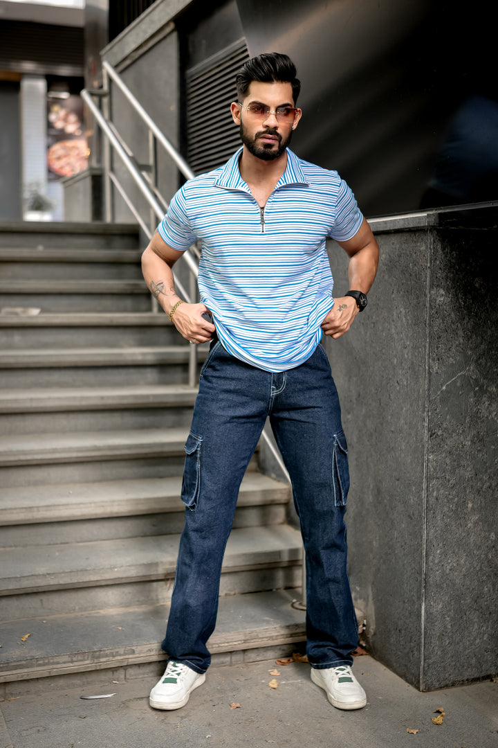 White Blue Stripes Zipper T-Shirt
