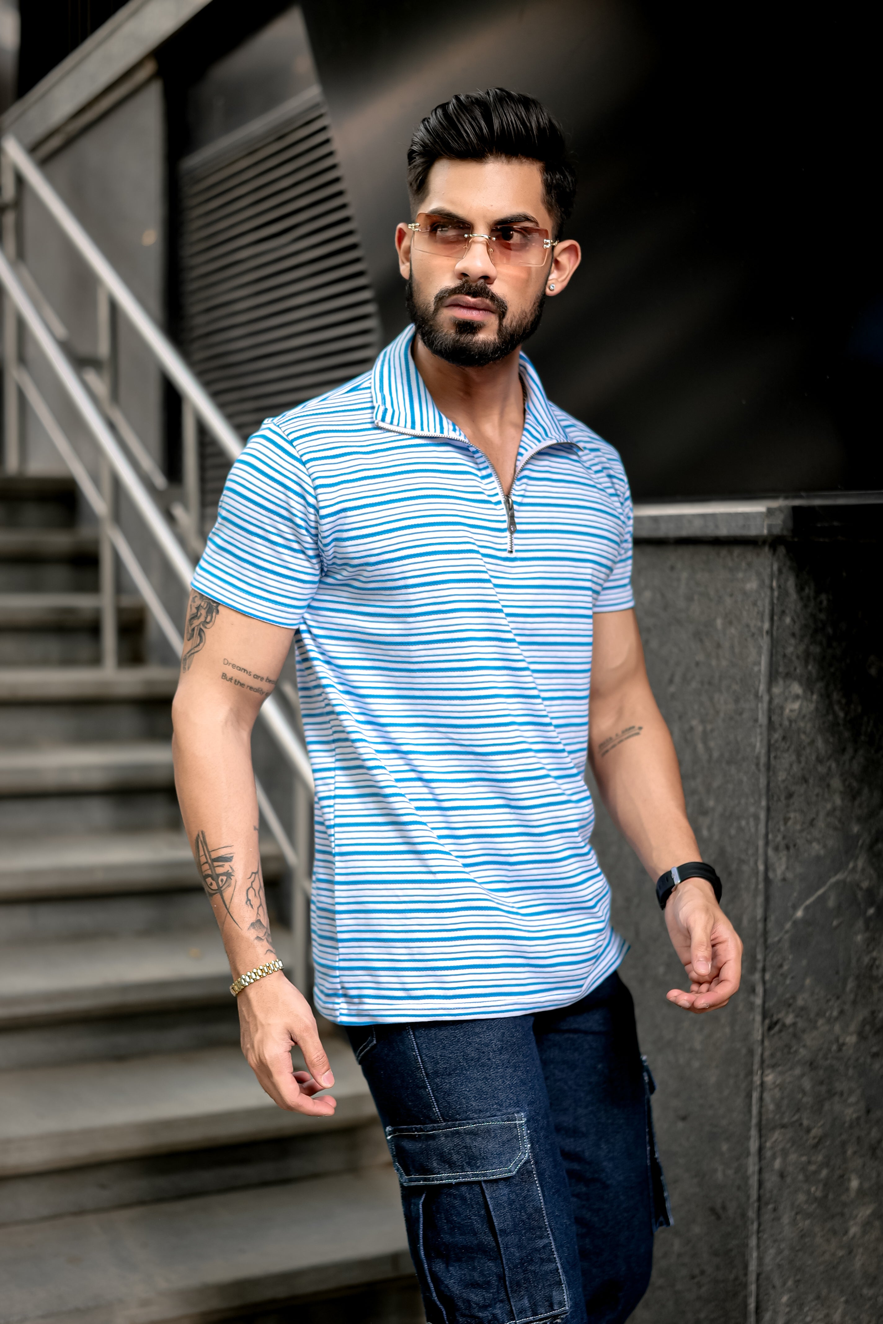 White Blue Stripes Zipper T-Shirt