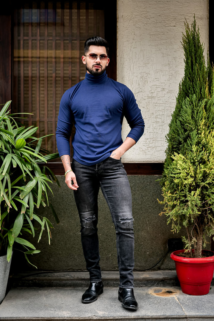 Navy Blue Self Design High Neck T-Shirt