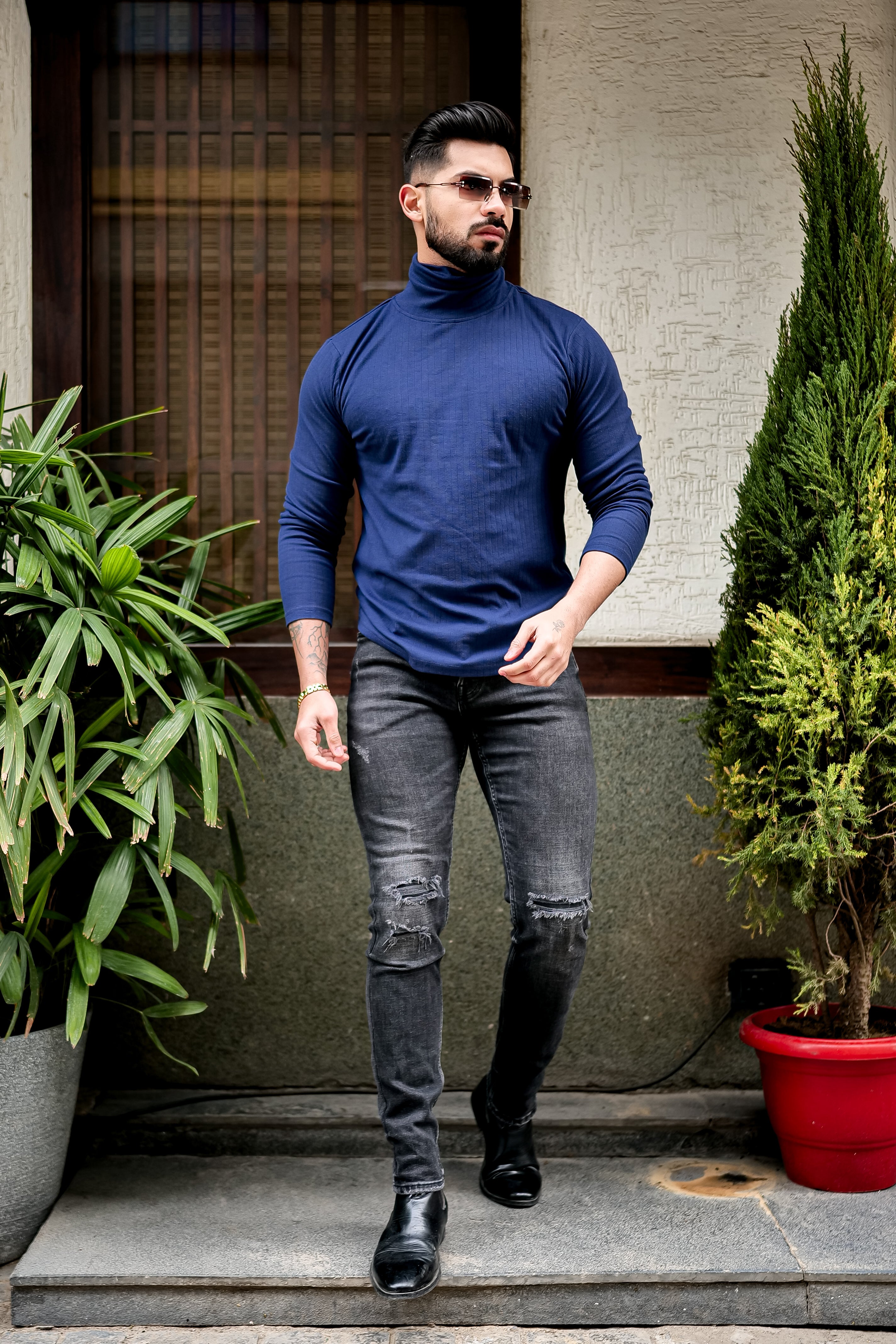 Navy Blue Self Design High Neck T-Shirt
