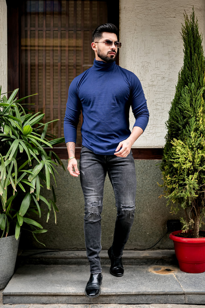 Navy Blue Self Design High Neck T-Shirt