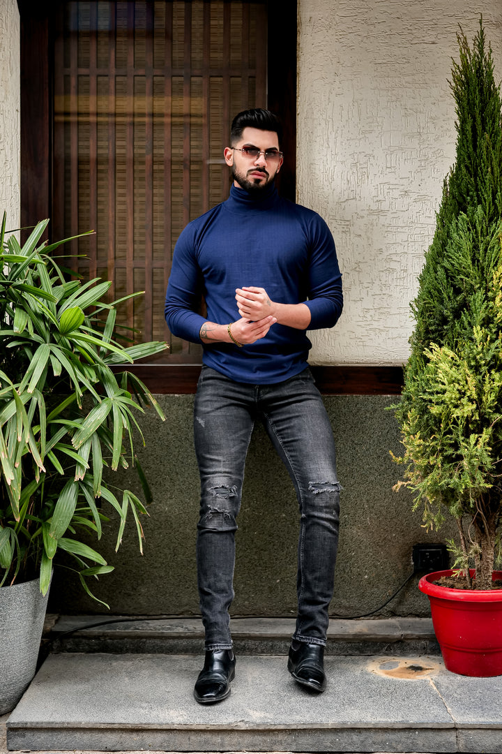 Navy Blue Self Design High Neck T-Shirt