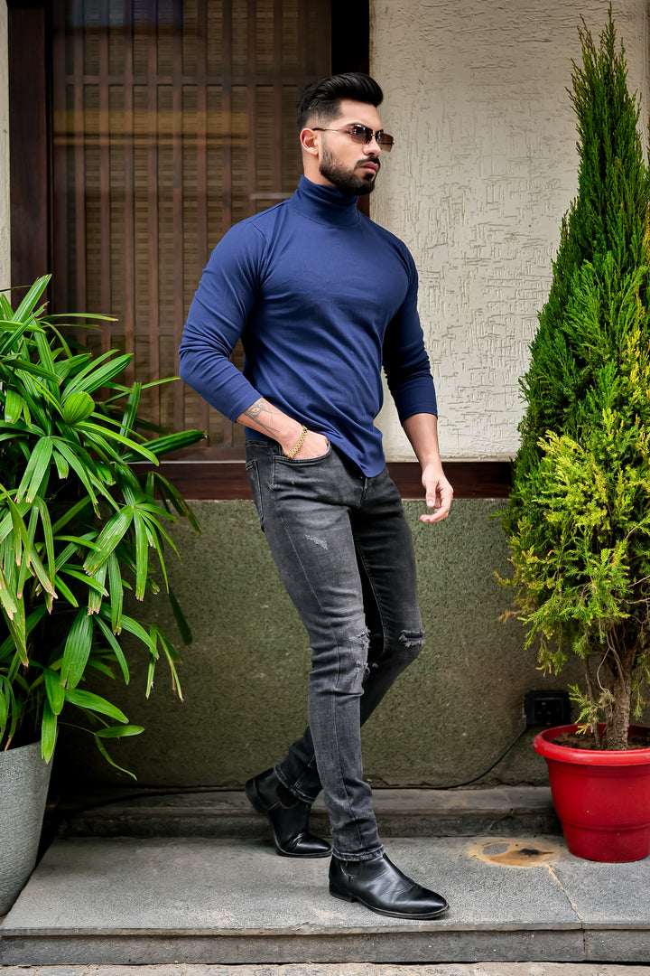Navy Blue Self Design High Neck T-Shirt