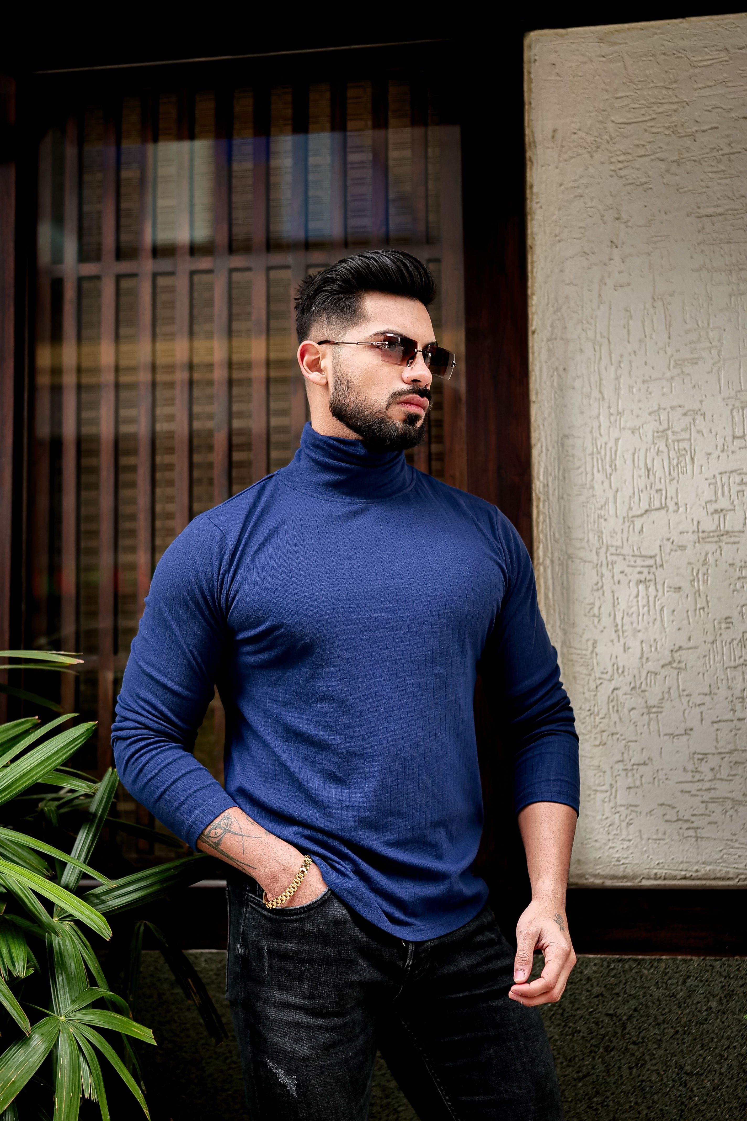 Navy Blue Self Design High Neck T-Shirt
