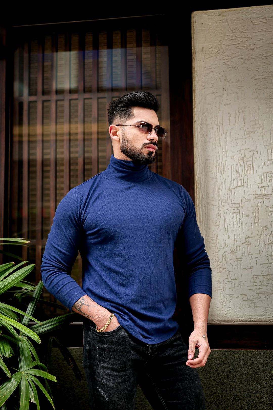 Navy Blue Self Design High Neck T-Shirt