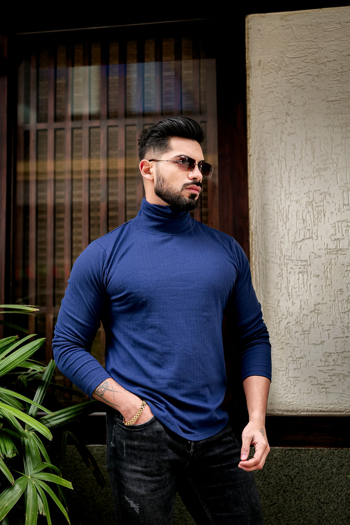 Navy Blue Self Design High Neck T-Shirt